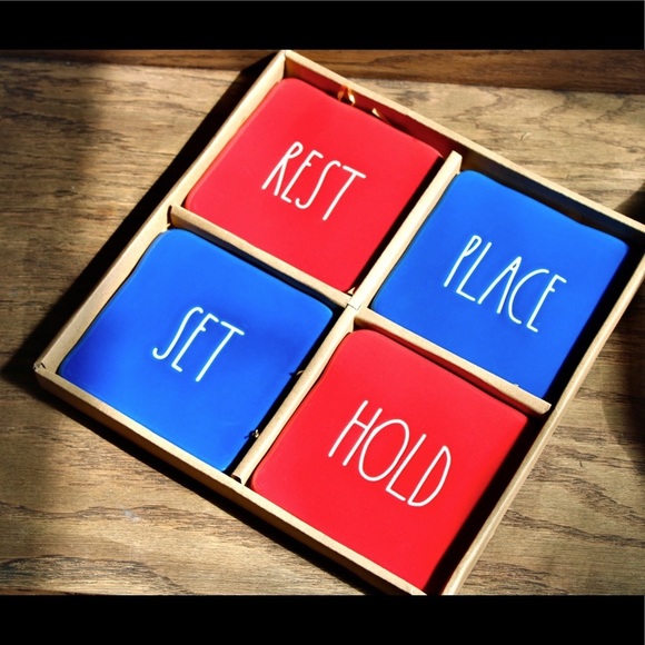 RAE DUNN REST/SET/HOLD/PLACE red/blue ceramic coaster set NIB - Picture 8 of 15